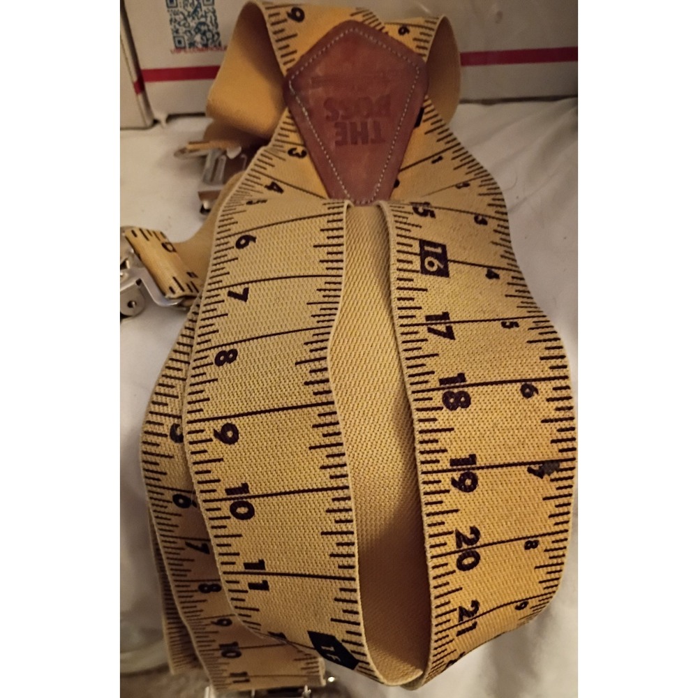 Vintage The Boss Tape Measure Suspenders Mens Wide Elastic Work Braces Yellow